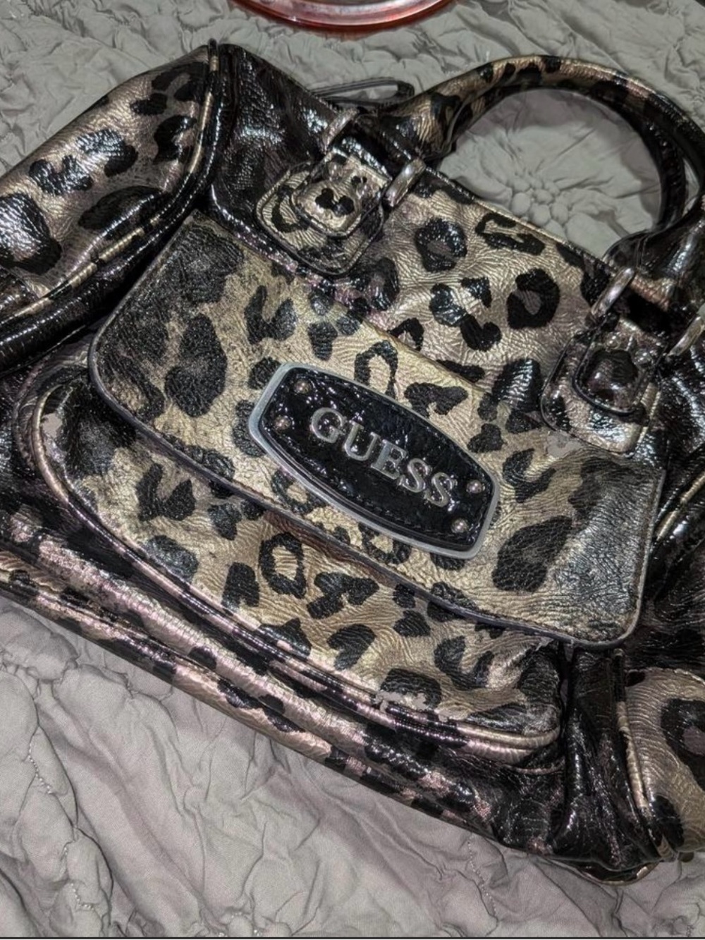 GUESS Metallic Leopard Satchel - Black and Gold